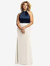 Front View Thumbnail - Ivory & Midnight Navy High-Neck Open-Back Maxi Dress with Scarf Tie