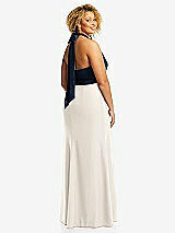 Rear View Thumbnail - Ivory & Midnight Navy High-Neck Open-Back Maxi Dress with Scarf Tie