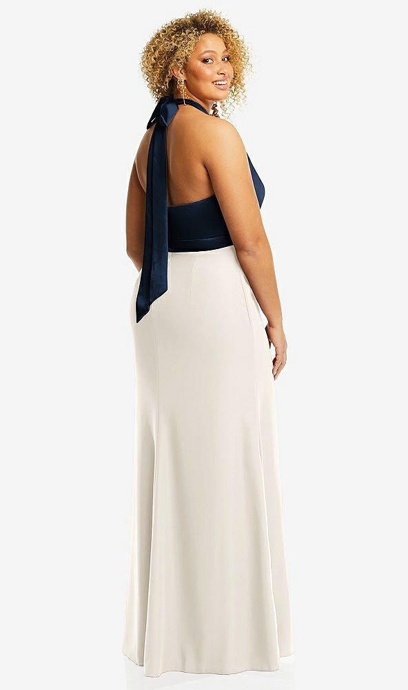 Back View - Ivory & Midnight Navy High-Neck Open-Back Maxi Dress with Scarf Tie