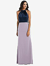 Alt View 1 Thumbnail - Lilac Haze & Midnight Navy High-Neck Open-Back Maxi Dress with Scarf Tie