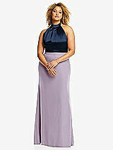 Front View Thumbnail - Lilac Haze & Midnight Navy High-Neck Open-Back Maxi Dress with Scarf Tie