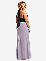 Rear View Thumbnail - Lilac Haze & Midnight Navy High-Neck Open-Back Maxi Dress with Scarf Tie