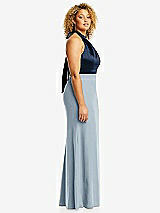 Side View Thumbnail - Mist & Midnight Navy High-Neck Open-Back Maxi Dress with Scarf Tie