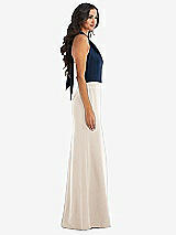 Alt View 2 Thumbnail - Oat & Midnight Navy High-Neck Open-Back Maxi Dress with Scarf Tie