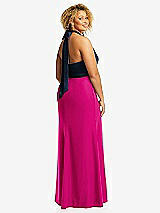 Rear View Thumbnail - Think Pink & Midnight Navy High-Neck Open-Back Maxi Dress with Scarf Tie