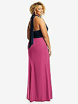 Rear View Thumbnail - Tea Rose & Midnight Navy High-Neck Open-Back Maxi Dress with Scarf Tie