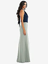 Alt View 2 Thumbnail - Willow Green & Midnight Navy High-Neck Open-Back Maxi Dress with Scarf Tie