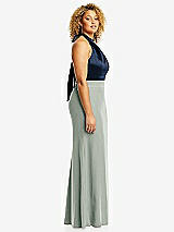 Side View Thumbnail - Willow Green & Midnight Navy High-Neck Open-Back Maxi Dress with Scarf Tie
