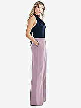 Front View Thumbnail - Suede Rose & Midnight Navy High-Neck Open-Back Jumpsuit with Scarf Tie