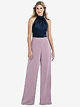 Side View Thumbnail - Suede Rose & Midnight Navy High-Neck Open-Back Jumpsuit with Scarf Tie