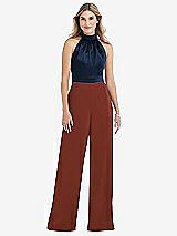 Side View Thumbnail - Auburn Moon & Midnight Navy High-Neck Open-Back Jumpsuit with Scarf Tie
