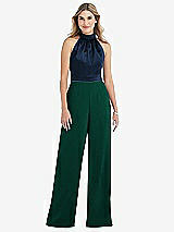 Side View Thumbnail - Hunter Green & Midnight Navy High-Neck Open-Back Jumpsuit with Scarf Tie