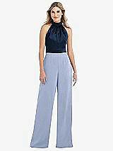 Side View Thumbnail - Sky Blue & Midnight Navy High-Neck Open-Back Jumpsuit with Scarf Tie