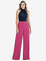 Side View Thumbnail - Tea Rose & Midnight Navy High-Neck Open-Back Jumpsuit with Scarf Tie