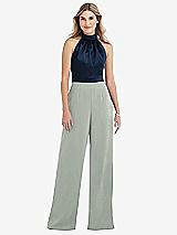 Side View Thumbnail - Willow Green & Midnight Navy High-Neck Open-Back Jumpsuit with Scarf Tie