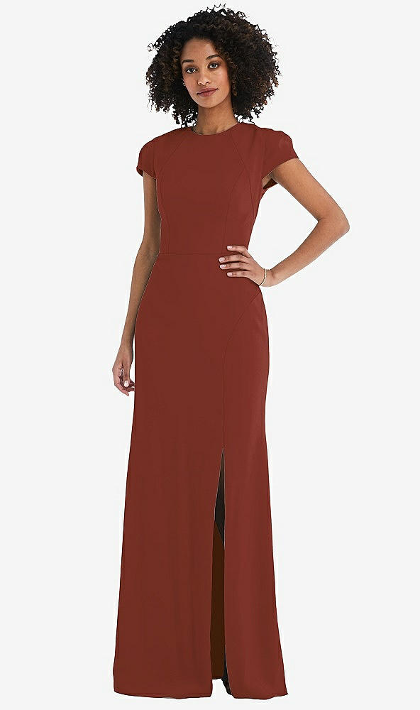 Back View - Auburn Moon & Cabernet Puff Cap Sleeve Cutout Tie-Back Trumpet Gown