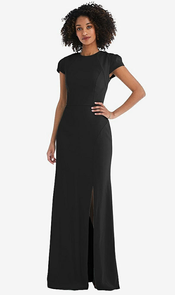 Back View - Black & Cabernet Puff Cap Sleeve Cutout Tie-Back Trumpet Gown