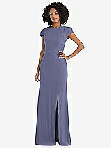 Rear View Thumbnail - French Blue & Cabernet Puff Cap Sleeve Cutout Tie-Back Trumpet Gown
