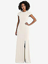Rear View Thumbnail - Ivory & Cabernet Puff Cap Sleeve Cutout Tie-Back Trumpet Gown