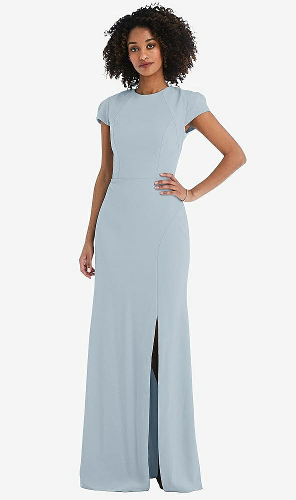 Back View - Mist & Cabernet Puff Cap Sleeve Cutout Tie-Back Trumpet Gown