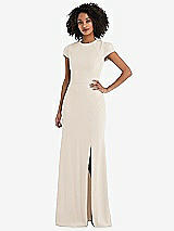 Rear View Thumbnail - Oat & Cabernet Puff Cap Sleeve Cutout Tie-Back Trumpet Gown