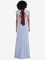 Front View Thumbnail - Sky Blue & Cabernet Puff Cap Sleeve Cutout Tie-Back Trumpet Gown