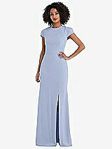 Rear View Thumbnail - Sky Blue & Cabernet Puff Cap Sleeve Cutout Tie-Back Trumpet Gown