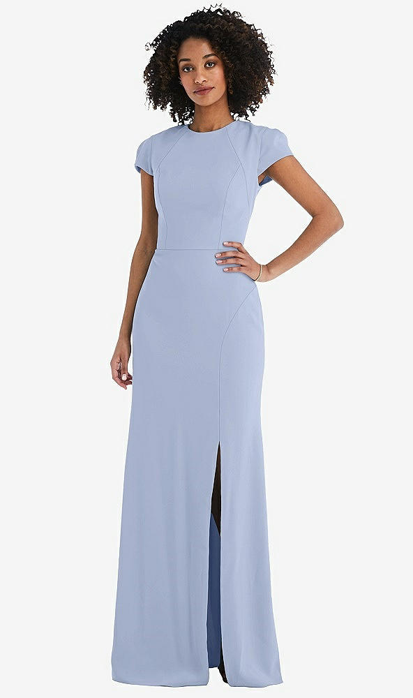 Back View - Sky Blue & Cabernet Puff Cap Sleeve Cutout Tie-Back Trumpet Gown