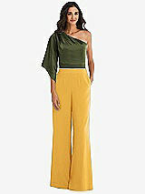 Front View Thumbnail - NYC Yellow & Olive Green One-Shoulder Bell Sleeve Jumpsuit with Pockets
