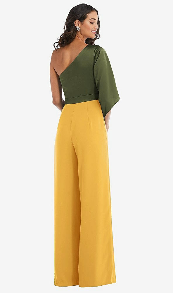 Back View - NYC Yellow & Olive Green One-Shoulder Bell Sleeve Jumpsuit with Pockets
