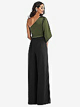 Rear View Thumbnail - Black & Olive Green One-Shoulder Bell Sleeve Jumpsuit with Pockets
