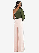 Rear View Thumbnail - Blush & Olive Green One-Shoulder Bell Sleeve Jumpsuit with Pockets