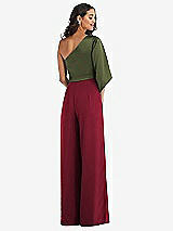 Rear View Thumbnail - Burgundy & Olive Green One-Shoulder Bell Sleeve Jumpsuit with Pockets