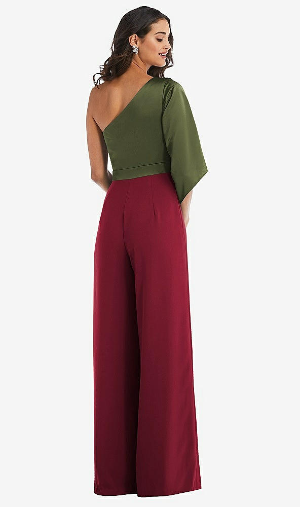 Back View - Burgundy & Olive Green One-Shoulder Bell Sleeve Jumpsuit with Pockets