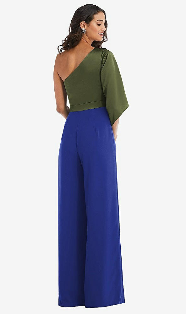 Back View - Cobalt Blue & Olive Green One-Shoulder Bell Sleeve Jumpsuit with Pockets