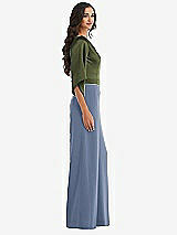 Side View Thumbnail - Larkspur Blue & Olive Green One-Shoulder Bell Sleeve Jumpsuit with Pockets