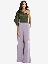 Front View Thumbnail - Lilac Haze & Olive Green One-Shoulder Bell Sleeve Jumpsuit with Pockets