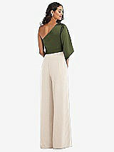 Rear View Thumbnail - Oat & Olive Green One-Shoulder Bell Sleeve Jumpsuit with Pockets