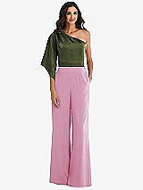 Front View Thumbnail - Powder Pink & Olive Green One-Shoulder Bell Sleeve Jumpsuit with Pockets