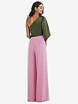 Rear View Thumbnail - Powder Pink & Olive Green One-Shoulder Bell Sleeve Jumpsuit with Pockets