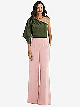 Front View Thumbnail - Rose & Olive Green One-Shoulder Bell Sleeve Jumpsuit with Pockets