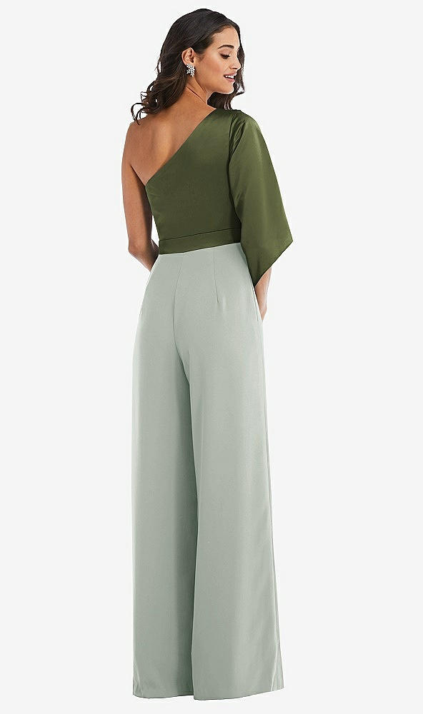 Back View - Willow Green & Olive Green One-Shoulder Bell Sleeve Jumpsuit with Pockets
