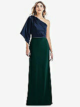 Front View Thumbnail - Evergreen & Midnight Navy One-Shoulder Bell Sleeve Trumpet Gown