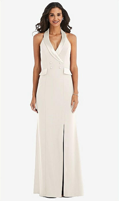 slim fit dress slacks Rinna Satin Halter Maxi Dress / Ivory | Meshki main image 0