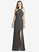 Rear View Thumbnail - Caviar Gray High-Neck Halter Dress with Twist Criss Cross Back 