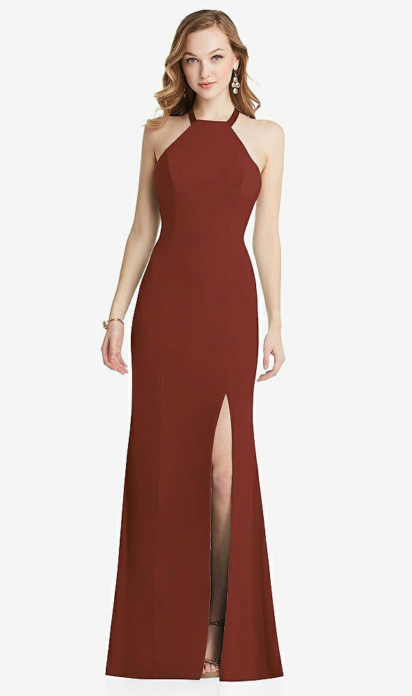 Back View - Auburn Moon High-Neck Halter Dress with Twist Criss Cross Back 