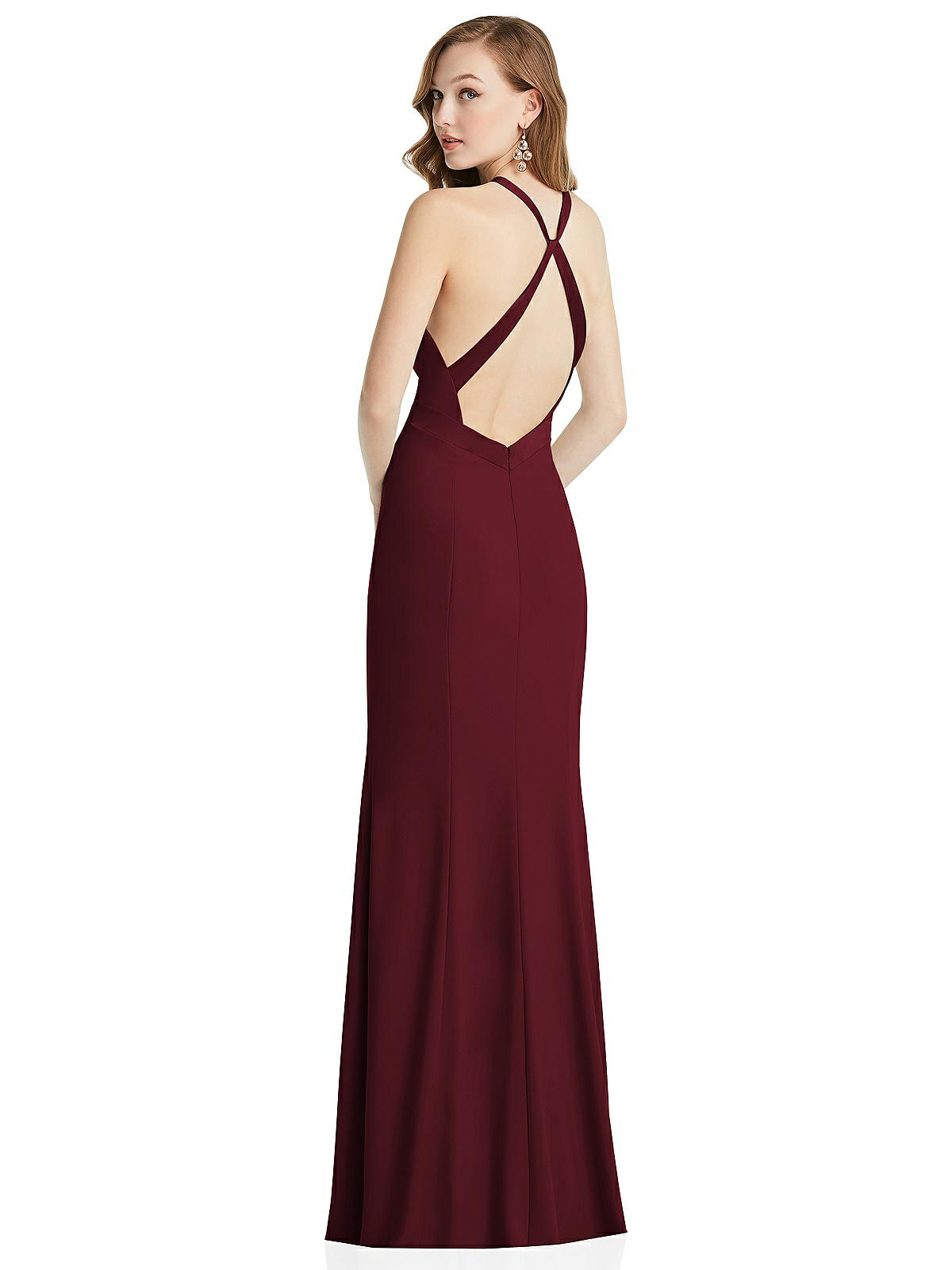 High-neck Halter Bridesmaid Dress With Twist Criss Cross Back In Cabernet