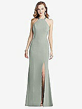 Rear View Thumbnail - Willow Green High-Neck Halter Dress with Twist Criss Cross Back 