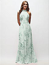 Front View Thumbnail - Mint Green Floral High Neck Halter Backless Maxi Dress