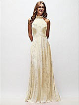 Front View Thumbnail - Butter Yellow Floral High Neck Halter Backless Maxi Dress